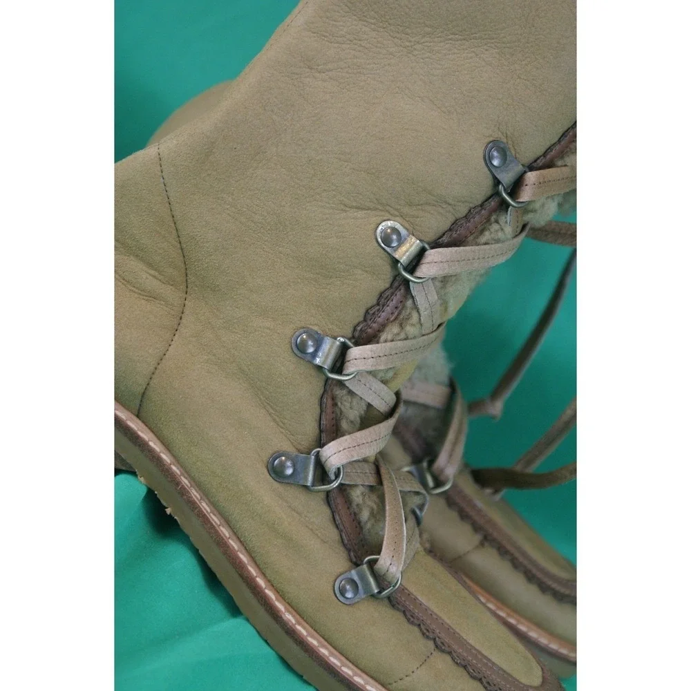 Cole Haan Tan Leather Shearling Lined Tall Lace Up Boots Zip Scalloped Trim W7.5